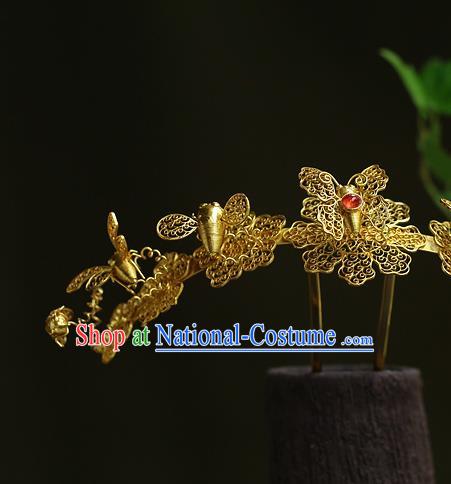 China Ancient Empress Ruby Hair Crown Traditional Ming Dynasty Court Filigree Butterfly Hairpin