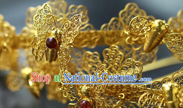 China Ancient Empress Ruby Hair Crown Traditional Ming Dynasty Court Filigree Butterfly Hairpin