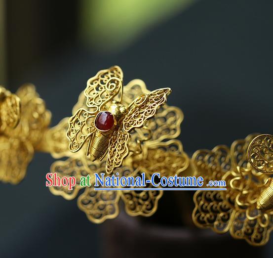 China Ancient Empress Ruby Hair Crown Traditional Ming Dynasty Court Filigree Butterfly Hairpin