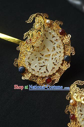 China Ancient Court Queen Filigree Hair Stick Traditional Ming Dynasty Empress Jade Hairpin