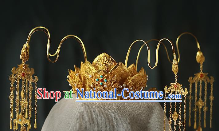 China Ancient Drama Queen Phoenix Coronet Traditional Tang Dynasty Golden Lotus Tassel Hair Crown