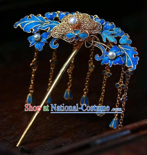 China Traditional Qing Dynasty Filigree Hair Accessories Handmade Ancient Imperial Consort Blueing Tassel Hairpin