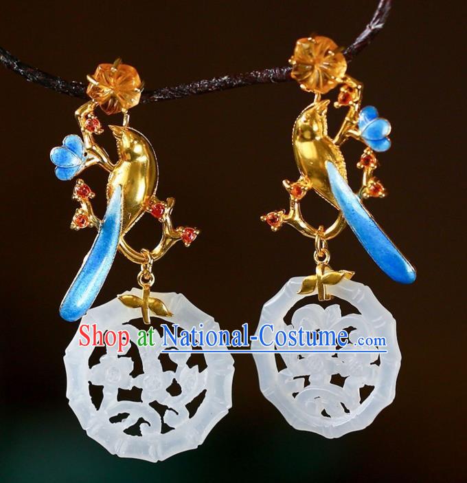 Chinese Handmade Hetian Jade Ear Accessories Traditional Cloisonne Earrings