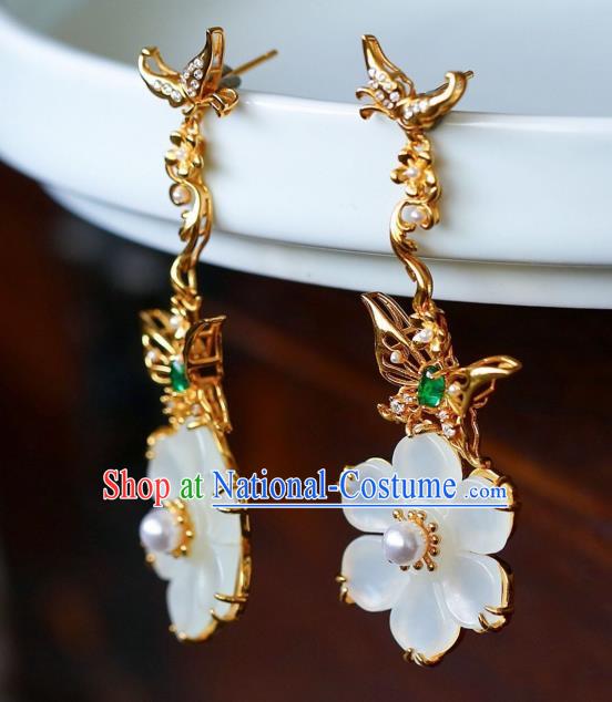 Chinese Handmade Jade Flower Ear Accessories Traditional Golden Butterfly Earrings