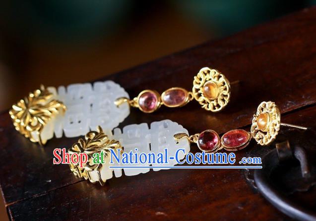 Chinese Handmade Wedding Ear Accessories Traditional Cheongsam White Jade Earrings