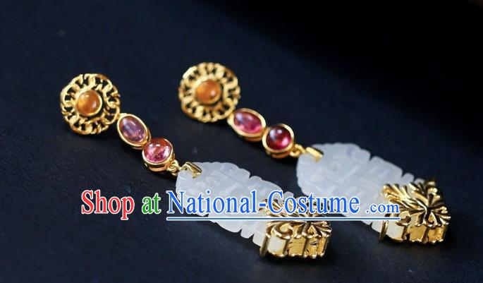 Chinese Handmade Wedding Ear Accessories Traditional Cheongsam White Jade Earrings