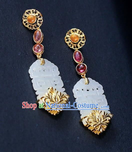 Chinese Handmade Wedding Ear Accessories Traditional Cheongsam White Jade Earrings