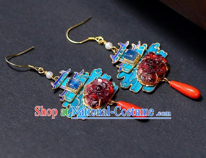 Chinese Handmade Cheongsam Tourmaline Peony Ear Accessories Traditional Qing Dynasty Court Earrings