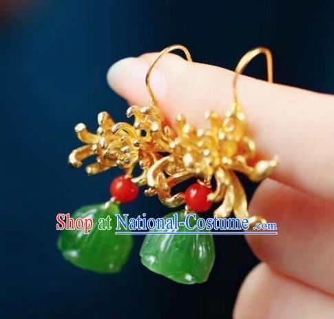 Chinese Handmade National Golden Chrysanthemum Ear Accessories Traditional Cheongsam Jade Lotus Seedpod Earrings