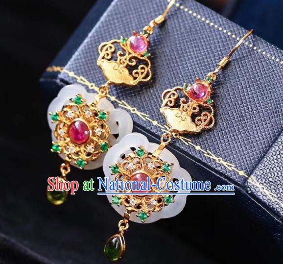 Chinese National Tourmaline Ear Accessories Handmade Traditional Cheongsam Hetian Jade Earrings