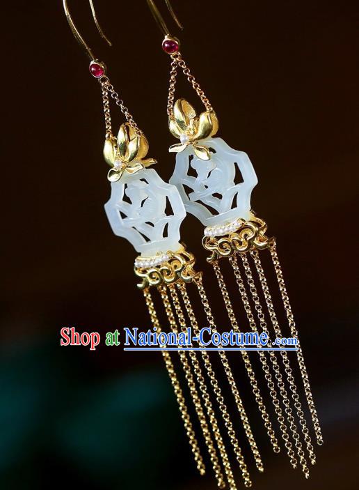 Chinese Handmade White Jade Ear Accessories Traditional Cheongsam Golden Orchid Tassel Earrings