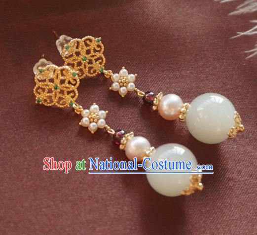 Chinese National Jade Ear Accessories Handmade Traditional Cheongsam Pearls Golden Earrings