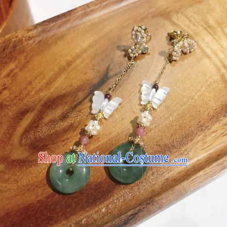 Chinese National Jade Peace Buckle Ear Accessories Handmade Traditional Cheongsam Shell Butterfly Earrings Jewelry