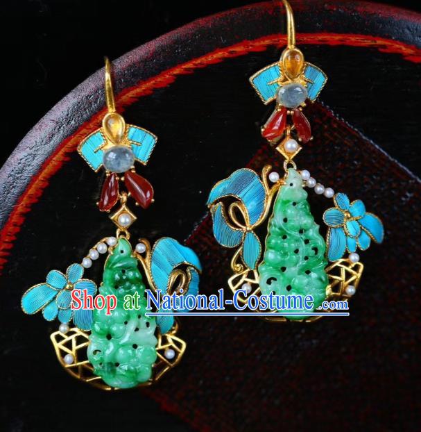 Chinese Handmade Ancient Qing Dynasty Imperial Consort Ear Accessories Traditional Cheongsam Jadeite Earrings