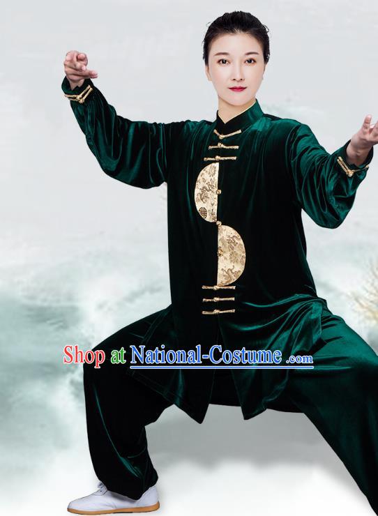 China Traditional Kung Fu Green Velvet Uniforms Tai Ji Training Clothing Tai Chi Costumes