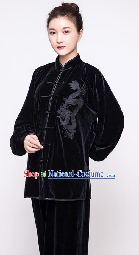 China Martial Arts Clothing Traditional Kung Fu Black Velvet Uniforms Embroidered Dragon Tai Chi Training Costumes