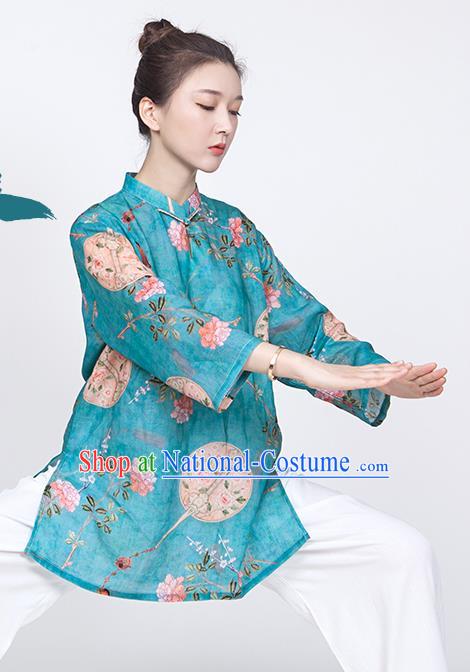 China Traditional Tai Chi Training Costume Printing Flowers Blue Flax Blouse Martial Arts Clothing