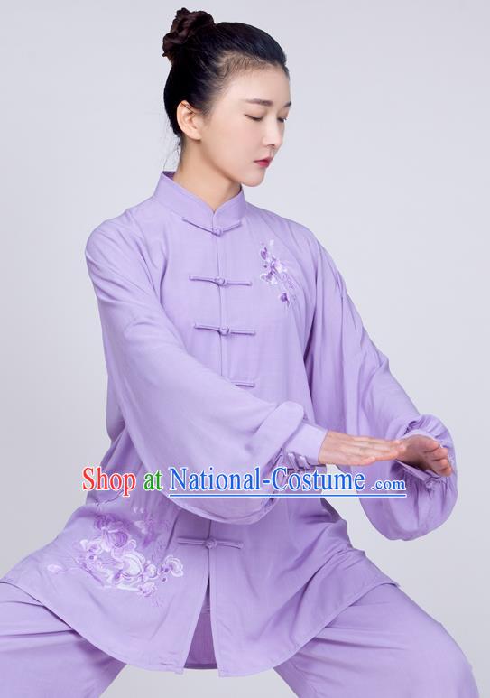 China Traditional Tai Chi Training Costume Kung Fu Lilac Flax Uniforms Martial Arts Embroidered Clothing