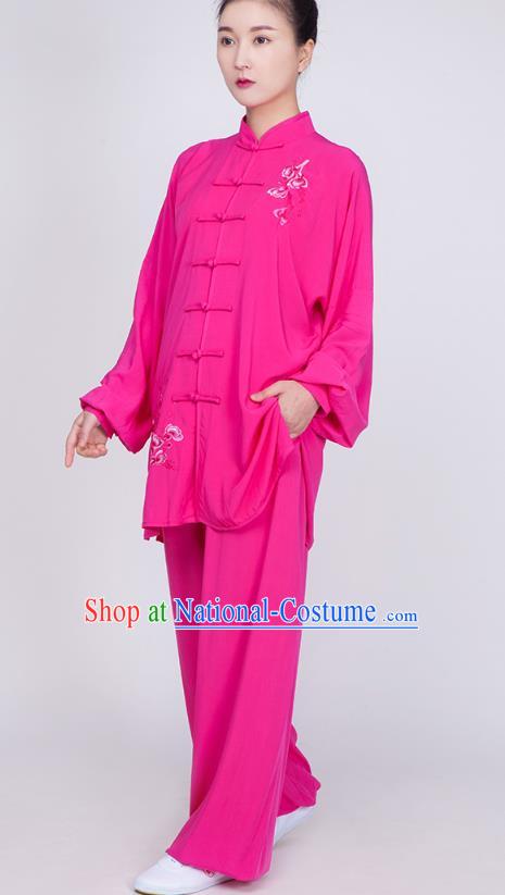 China Traditional Tai Chi Training Embroidered Costume Kung Fu Rosy Flax Uniforms