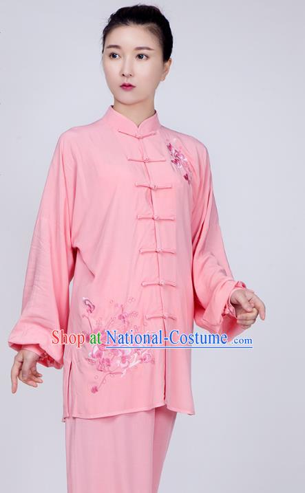 China Martial Arts Embroidered Costume Kung Fu Pink Flax Uniforms Traditional Tai Chi Training Costume