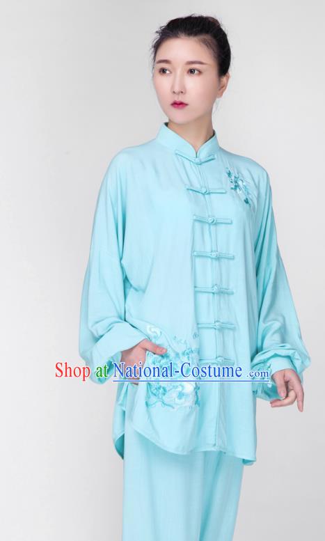 China Traditional Tai Chi Training Costume Martial Arts Embroidered Clothing Kung Fu Light Blue Flax Uniforms