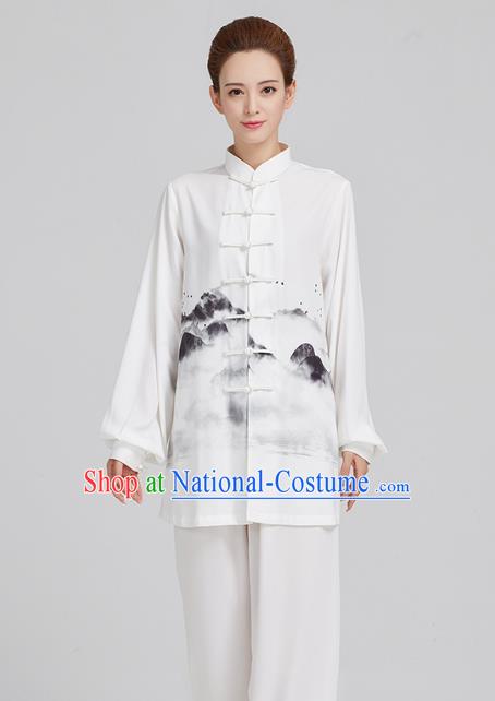 China Ink Landscape Painting White Uniforms Kung Fu Costume Tai Chi Clothing