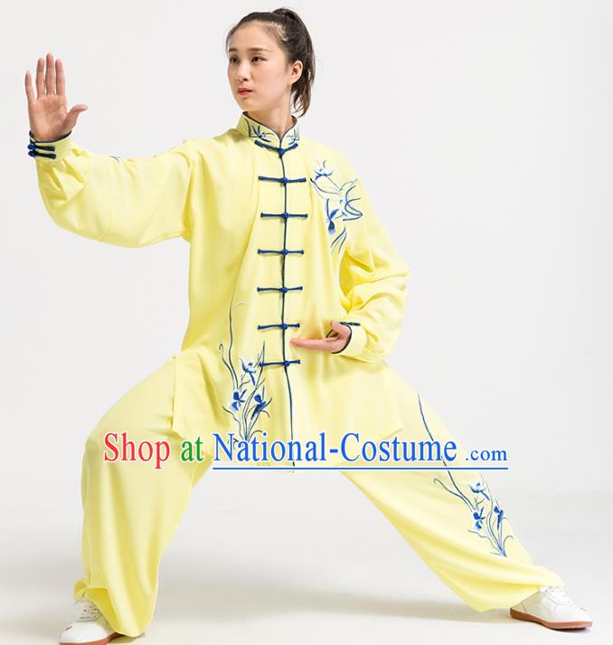 China Top Kung Fu Competition Costumes Tai Chi Training Embroidered Orchids Yellow Uniforms