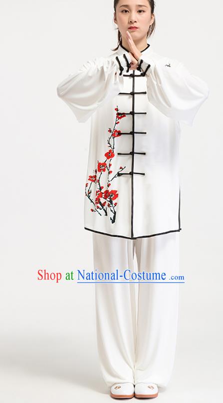 China Tai Chi Training Printing Plum Blossom White Uniforms Traditional Kung Fu Competition Costumes