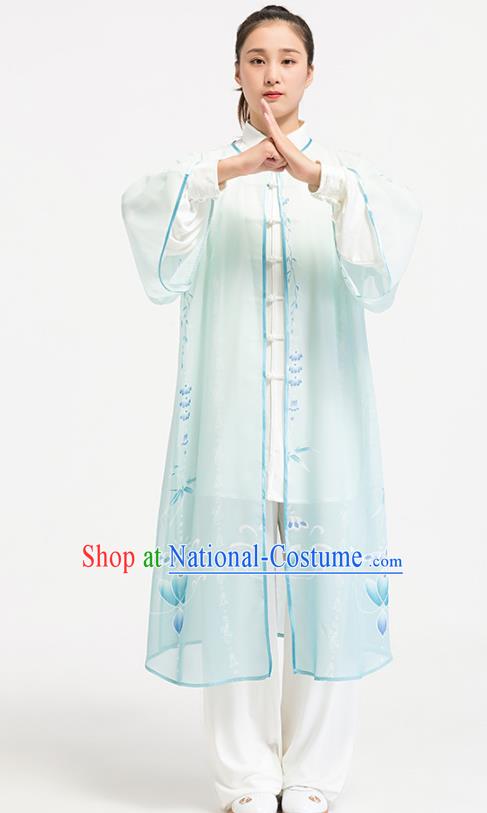 China Tai Chi Training Cape Traditional Kung Fu Printing Lotus Light Green Cloak