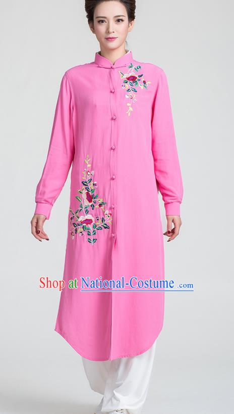 China Tai Chi Training Clothing Traditional Kung Fu Embroidered Rosy Long Gown