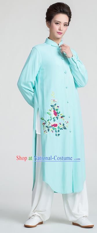 China Traditional Tai Chi Training Clothing Kung Fu Embroidered Light Green Flax Dust Coat