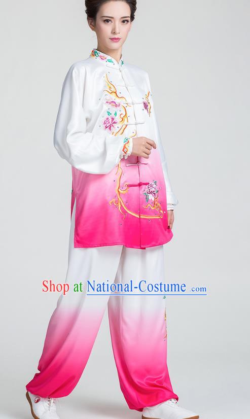 China Traditional Tai Chi Competition Clothing Kung Fu Embroidered Rosy Uniforms