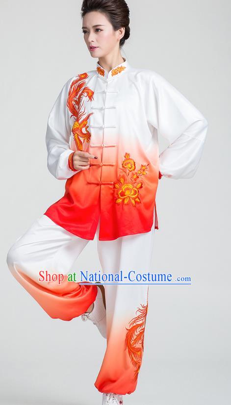 China Traditional Kung Fu Embroidered Phoenix Peony Red Uniforms Tai Chi Stage Performance Clothing