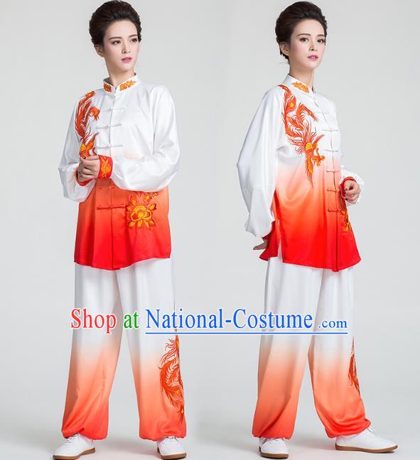 China Traditional Kung Fu Embroidered Phoenix Peony Red Uniforms Tai Chi Stage Performance Clothing