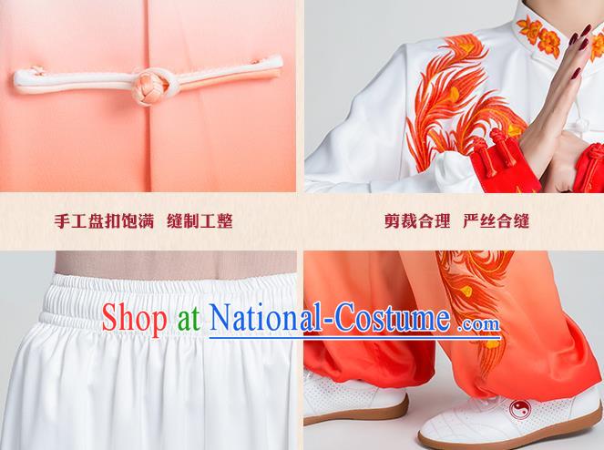 China Traditional Kung Fu Embroidered Phoenix Peony Red Uniforms Tai Chi Stage Performance Clothing