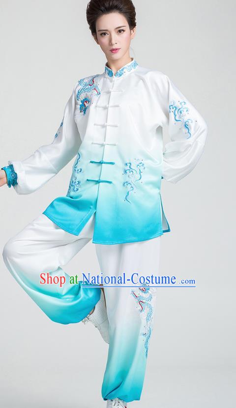 China Tai Chi Stage Performance Clothing Traditional Kung Fu Embroidered Cloud Dragon Blue Uniforms