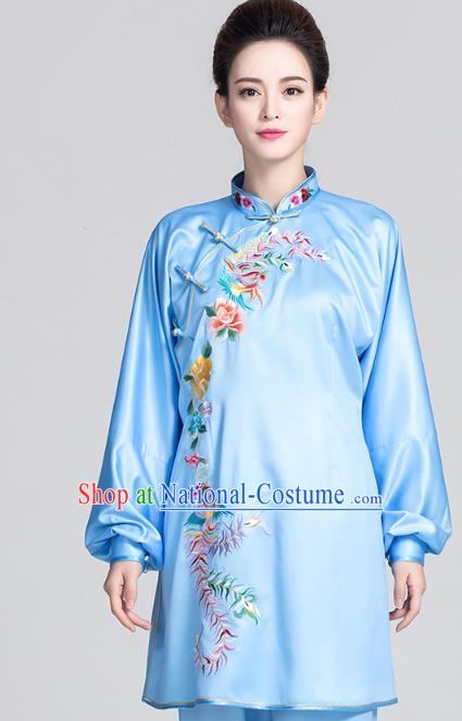 China Best Tai Chi Training Clothing Traditional Embroidered Phoenix Peony Blue Satin Uniforms