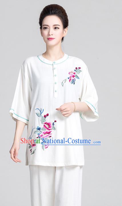 China Summer Tai Chi Clothing Traditional Martial Arts Embroidered White Flax Short Sleeve Uniforms