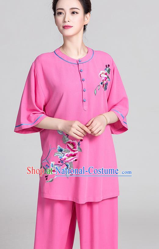 China Kung Fu Clothing Traditional Martial Arts Embroidered Rosy Flax Short Sleeve Uniforms Summer Tai Chi Costumes