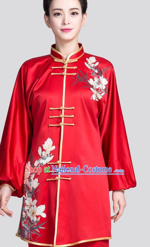 China Kung Fu Tai Chi Clothing Traditional Martial Arts Printing Mangnolia Red Satin Uniforms