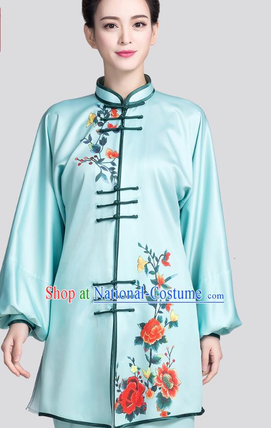 China Martial Arts Clothing Traditional Tai Chi Printing Peony Light Blue Satin Uniforms