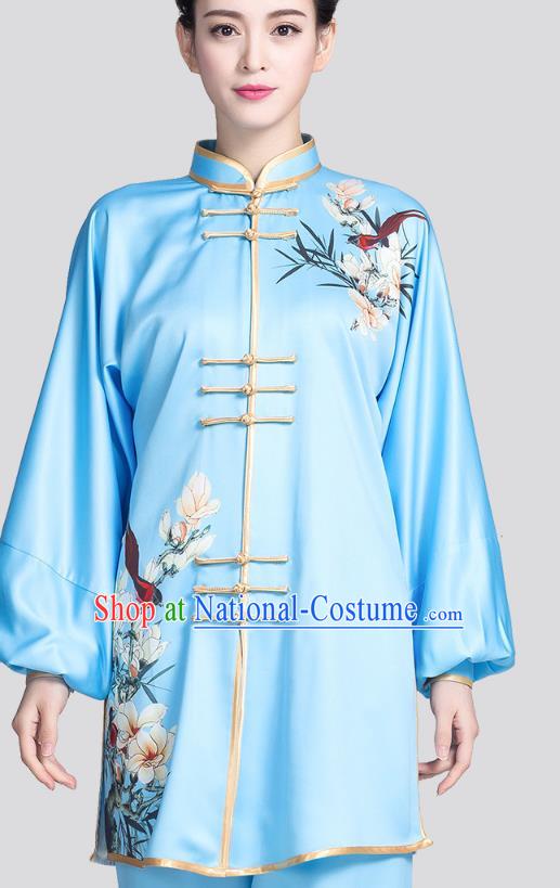 China Kung Fu Competition Clothing Traditional Tai Chi Printing Mangnolia Blue Satin Uniforms