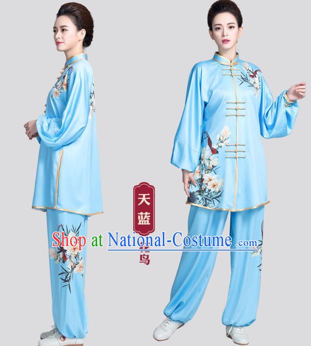 China Kung Fu Competition Clothing Traditional Tai Chi Printing Mangnolia Blue Satin Uniforms