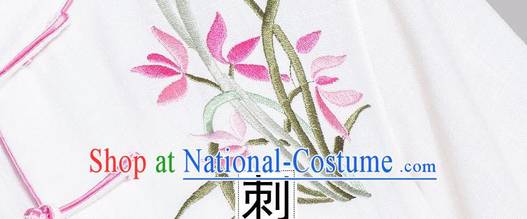 China Tai Chi Stage Performance Competition Clothing Traditional Embroidered Orchids White Flax Uniforms