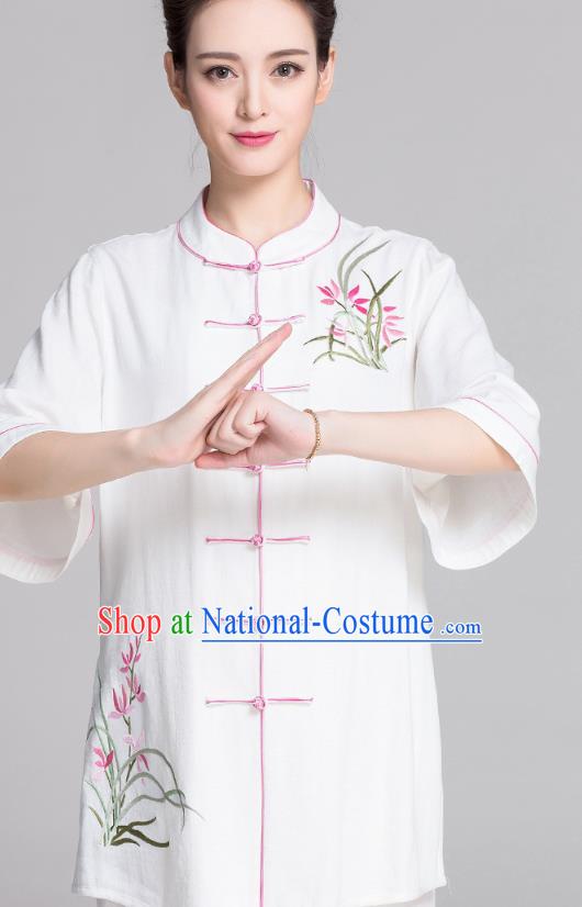 China Tai Chi Stage Performance Competition Clothing Traditional Embroidered Orchids White Flax Uniforms