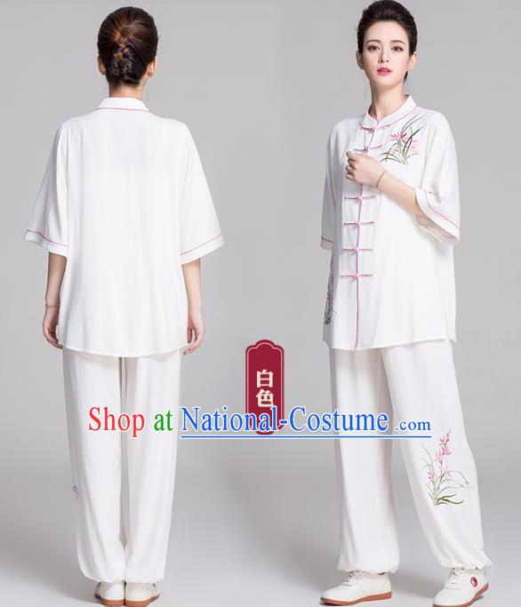 China Tai Chi Stage Performance Competition Clothing Traditional Embroidered Orchids White Flax Uniforms