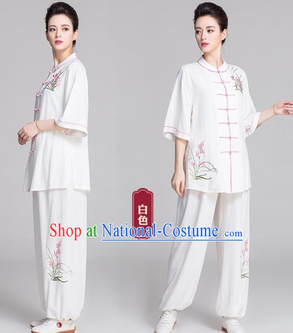 China Tai Chi Stage Performance Competition Clothing Traditional Embroidered Orchids White Flax Uniforms