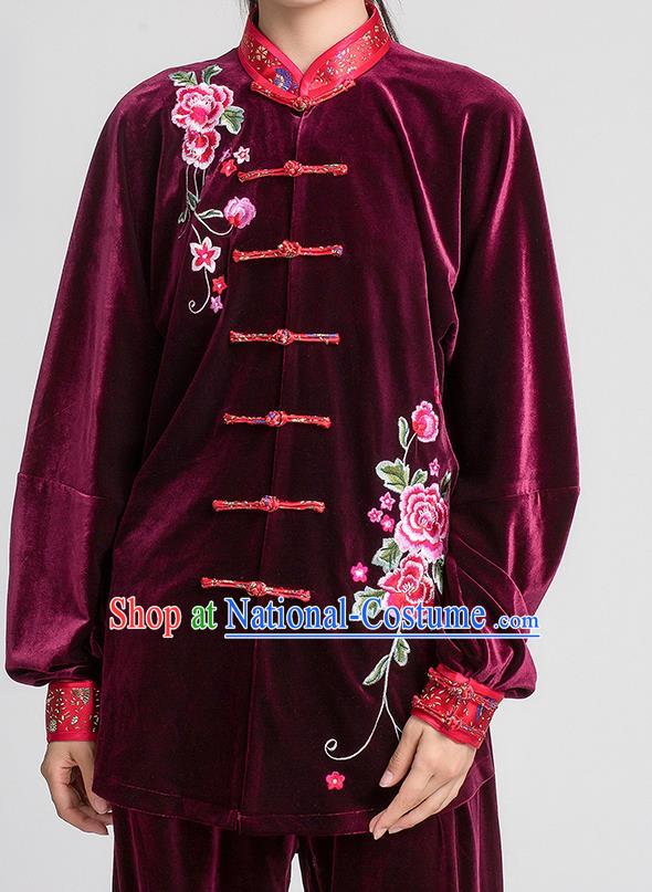 China Winter Tai Chi Training Clothing Traditional Embroidered Peony Wine Red Pleuche Uniforms