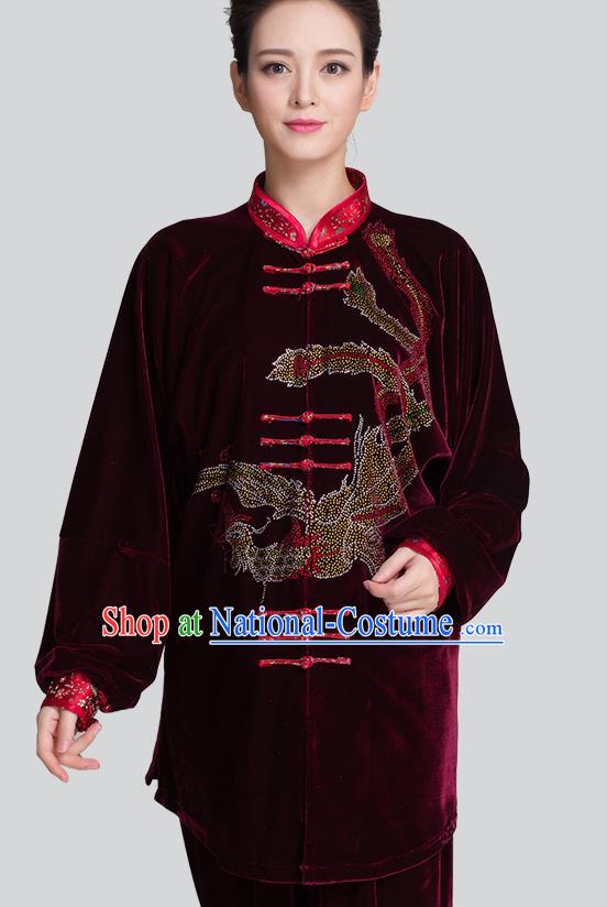 China Traditional Diamante Phoenix Purplish Red Pleuche Uniforms Martial Arts Clothing