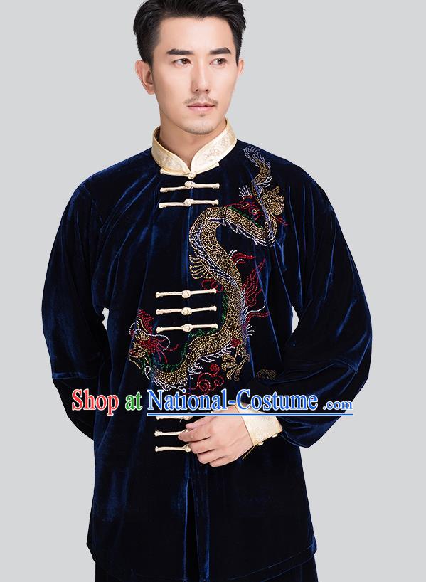 Chinese Traditional Tai Chi Navy Pleuche Costumes Men Kung Fu Uniforms